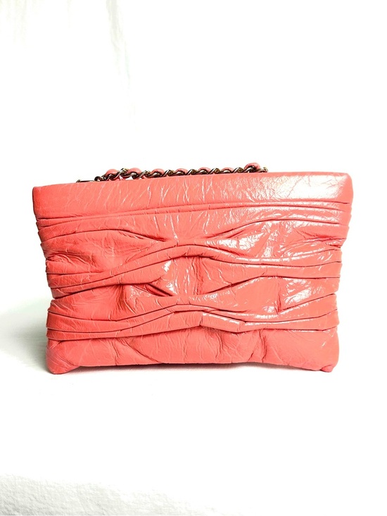 Onna Ehrlich Handbags - Onna Ehrlich Patent Leather Wristlet in Salmon with Chain Detail